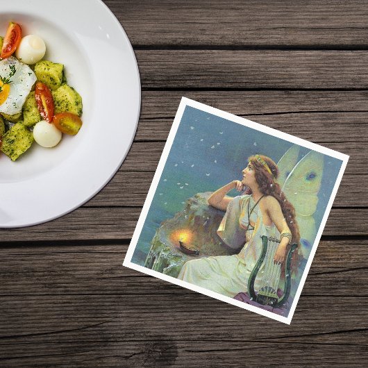 ヴィンテージかわいらしフェアリー妖精ハープキャンドル海 スタンダードカクテルナプキン