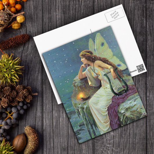 ヴィンテージかわいらしフェアリー妖精ハープキャンドル海 ポストカード