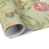 ヴィンテージかわいらしフローラピンクと緑 ラッピングペーパー (ロールコーナー)