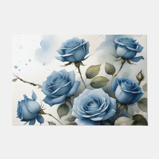 ヴィンテージかわいらしブルーバラ水絵画色 ドアマット (正面)