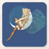 ヴィンテージかわいらしブルーフェアリーストッキングブルームーン スクエアペーパーコースター (正面)