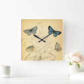 ヴィンテージかわいらしブルー蝶の時計 スクエア壁時計 (ホーム)