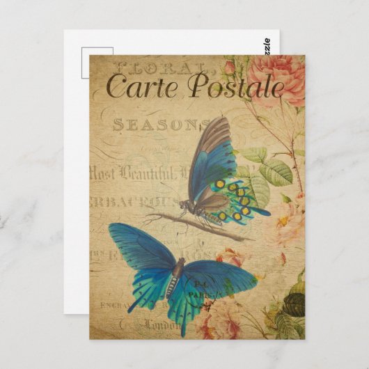 ヴィンテージかわいらしブルー蝶 ポストカード (正面/裏面)