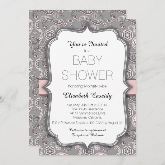 ヴィンテージかわいらしペイズリーピンクベビーシャワー招待状 招待状 (正面/裏面)