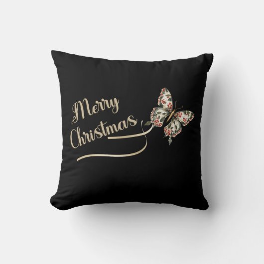ヴィンテージかわいらしメリークリスマスゴールデンバタフライ クッション (正面)