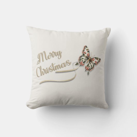 ヴィンテージかわいらしメリークリスマスゴールデンバタフライ クッション (正面)