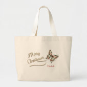 ヴィンテージかわいらしメリークリスマスゴールデンバタフライ ラージトートバッグ (正面)