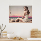 ヴィンテージかわいらし女がビーチに座る ポスター (キッチン)