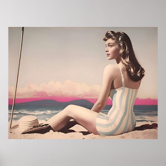ヴィンテージかわいらし女がビーチに座る ポスター (正面)