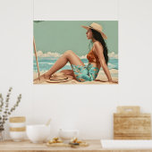 ヴィンテージかわいらし女がビーチに座る ポスター (キッチン)