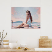 ヴィンテージかわいらし女がビーチに座る ポスター (キッチン)