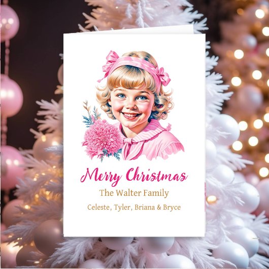 ヴィンテージかわいらし女 |ピンクのクリスマスパーソナライズされた シーズンカード