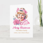 ヴィンテージかわいらし女 |ピンクのクリスマスパーソナライズされた シーズンカード (正面)