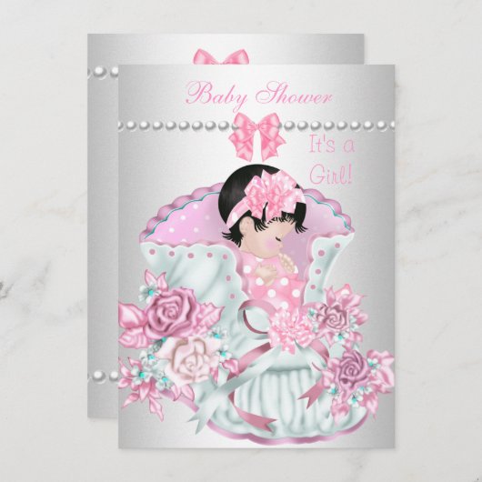 ヴィンテージかわいらし赤ちゃんシャワーかわいい女の子ピンク 招待状 (正面/裏面)