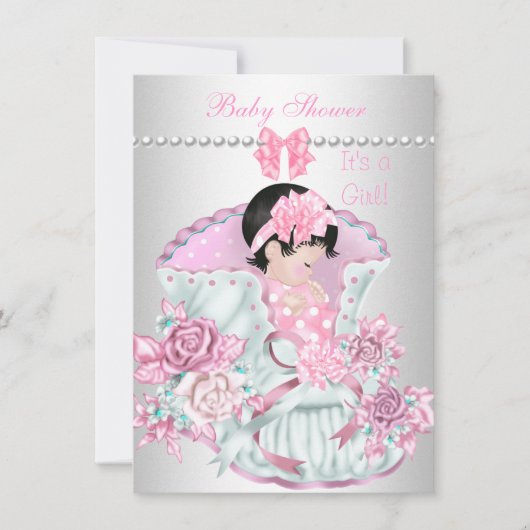 ヴィンテージかわいらし赤ちゃんシャワーかわいい女の子ピンク 招待状 (正面)