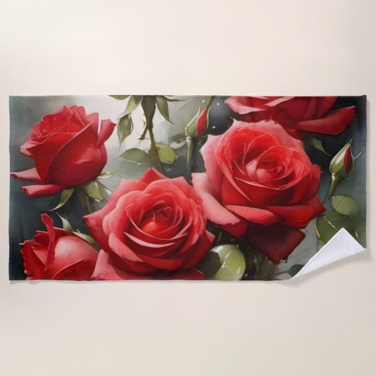 ヴィンテージかわいらし赤のバラの水の色絵画の ビーチタオル (正面)