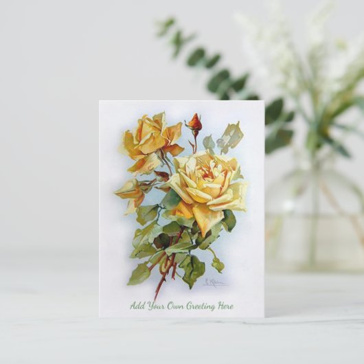ヴィンテージかわいらし黄色のバラ独自の挨拶を追加 ポストカード (スタンド正面)