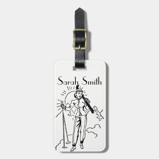 ヴィンテージかレトロのスキー女性Personalised Luggage Tag ラゲッジタグ (正面縦)