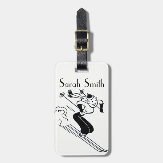 ヴィンテージかレトロのスキー女性Personalised Luggage Tag ラゲッジタグ (正面縦)