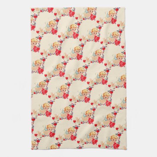 ヴィンテージかレトロのバレンタインの天使 キッチンタオル (縦)