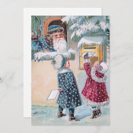 ヴィンテージがサンタに雪の中で手紙を送る シーズンカード (正面/裏面)