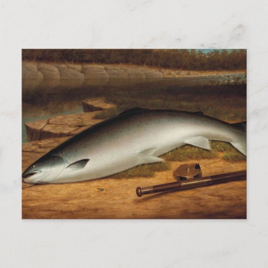 ヴィンテージがサーモンを川の土手で釣る ポストカード (正面)
