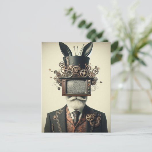 ヴィンテージがテレビを頭にうさぎ耳に掲げる男 ポストカード (スタンド正面)