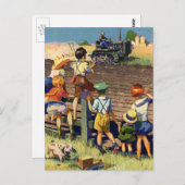 ヴィンテージがトラクターでローカル農家になびく子供 ポストカード (正面/裏面)