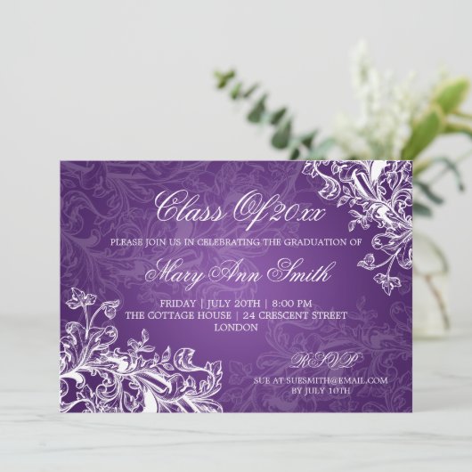ヴィンテージが卒業パーエレガントティーの紫を渦巻く 招待状 (スタンド正面)