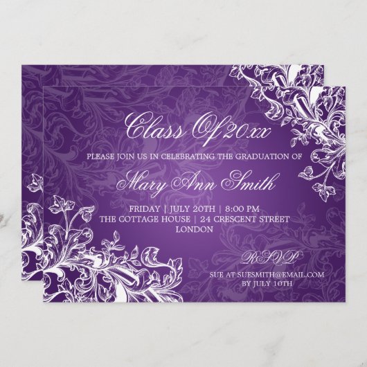 ヴィンテージが卒業パーエレガントティーの紫を渦巻く 招待状 (正面/裏面)