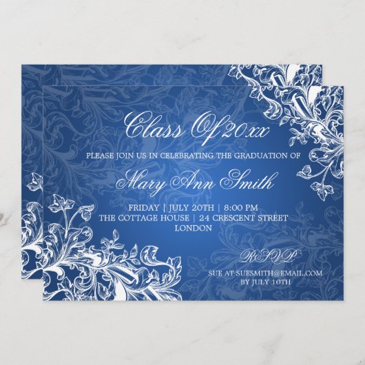 ヴィンテージが卒業パーテエレガントィーの青に渦巻く 招待状 (正面/裏面)