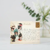 ヴィンテージが帽子をかぶって手書き入力を行うフランスの女性 ポストカード (スタンド正面)