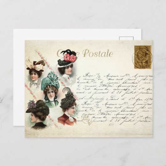 ヴィンテージが帽子をかぶって手書き入力を行うフランスの女性 ポストカード (正面/裏面)