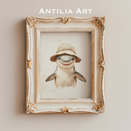 ヴィンテージが微笑む白絵を描サメの海魚 ポスター