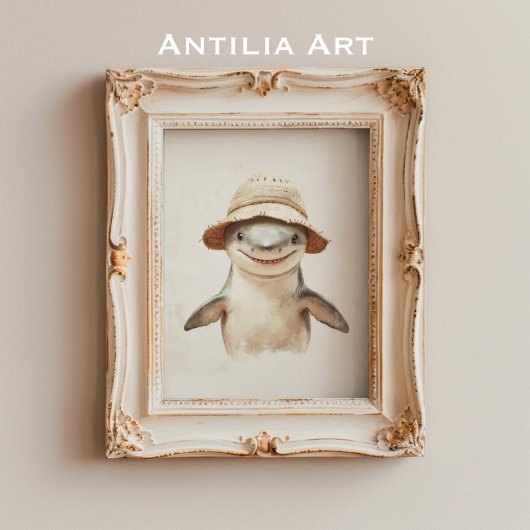 ヴィンテージが微笑む白絵を描サメの海魚 ポスター