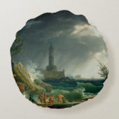 ヴィンテージが海岸で嵐に見舞わ地中海のれる ラウンドクッション (裏面)