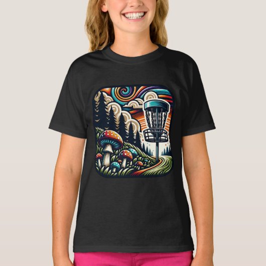 ヴィンテージきのこ+ディスクゴルフコース Aiアート Tシャツ (正面)