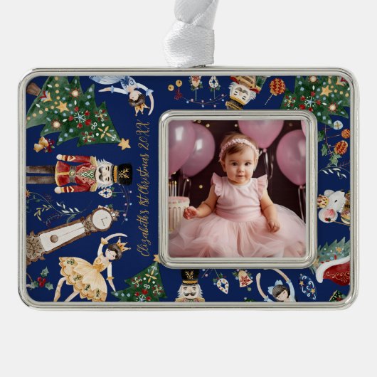 ヴィンテージくるみ割りベビー第1初めてのクリスマス写真 シルバープレートフレームオーナメント (正面)