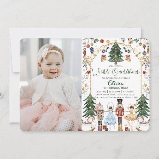 ヴィンテージくるみ割り冬オネダーランド1歳の誕生日 招待状 (正面)