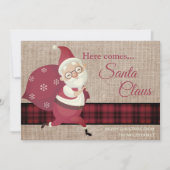 ヴィンテージここ来サンタクラースのプレイドBurlap写真 招待状 (正面)