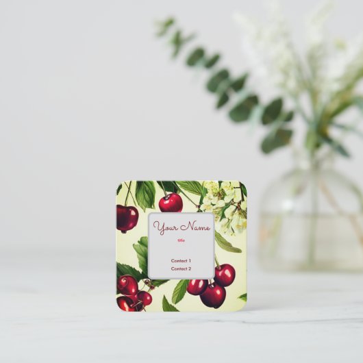 ヴィンテージさくらんぼイラストレーションスクエアビジネスカード スクエア名刺 (スタンド正面)