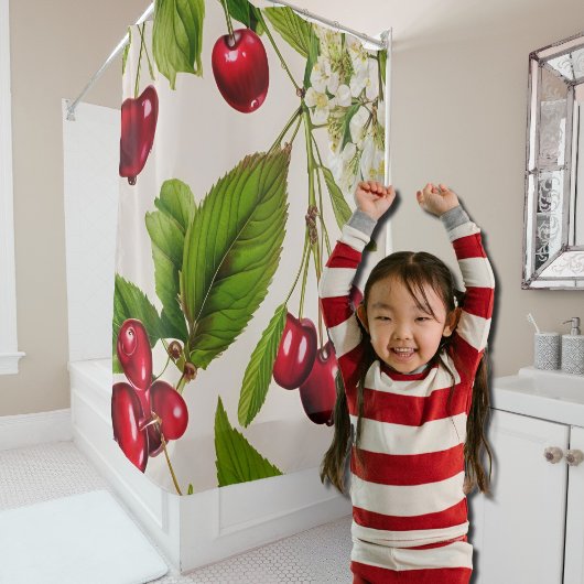 ヴィンテージさくらんぼイラストレーション シャワーカーテン
