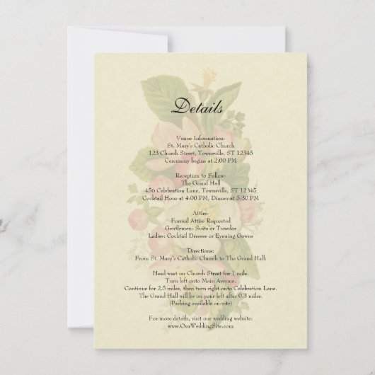 ヴィンテージさくらんぼブロッサムフローラ結婚ベージュ色詳細 招待状 (裏面)