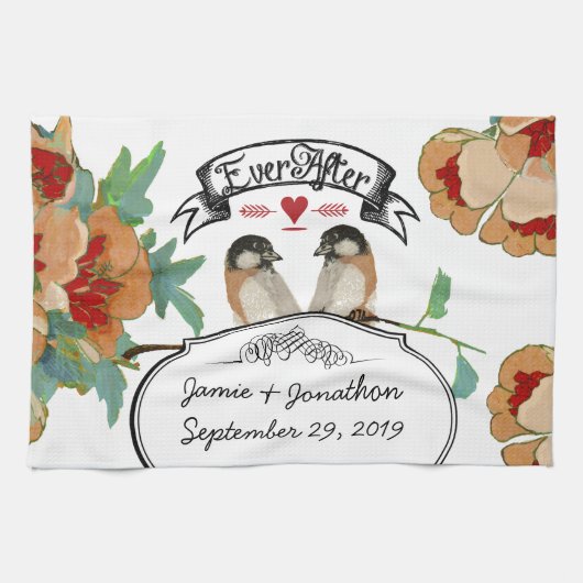 ヴィンテージさくらんぼブロッサムラブバードピーチミント キッチンタオル (横)