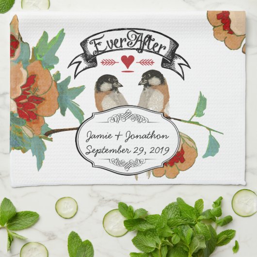 ヴィンテージさくらんぼブロッサムラブバードピーチミント キッチンタオル (折り畳み)