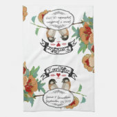 ヴィンテージさくらんぼブロッサムラブバードピーチミント キッチンタオル (縦)