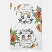 ヴィンテージさくらんぼブロッサムラブバードピーチミント キッチンタオル (縦)