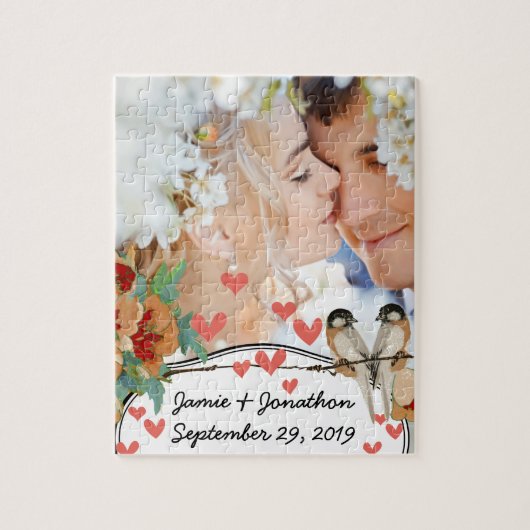 ヴィンテージさくらんぼブロッサムラブバードピーチミント ジグソーパズル (縦)