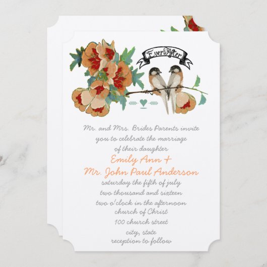 ヴィンテージさくらんぼブロッサムラブBIrdピーチミント 招待状 (正面/裏面)