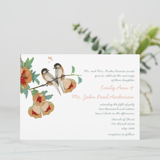 ヴィンテージさくらんぼブロッサムラブBIrdピーチミント 招待状 (スタンド正面)